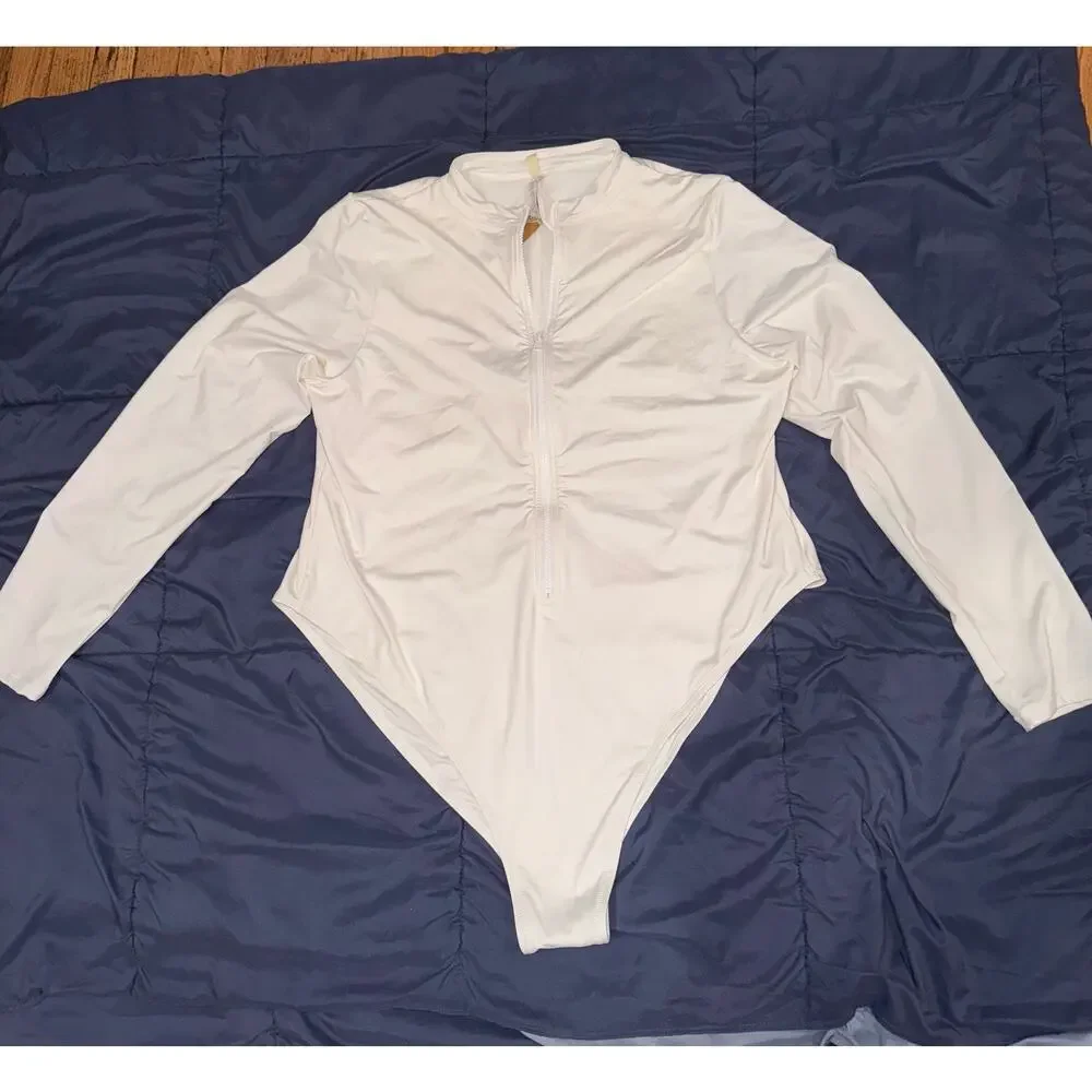 SKIMS SWIM SIZE 4X ZIP UP FRONT LONG SLEEVE ONE PIECE MARBLE WHITE NWT
